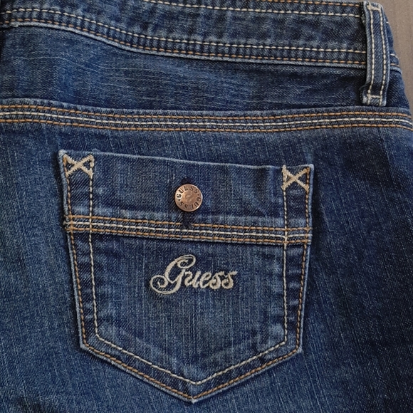 GUESS Y2k Denim Mini Shorts Dolphin Hem Embroidered Logo - Picture 8 of 10